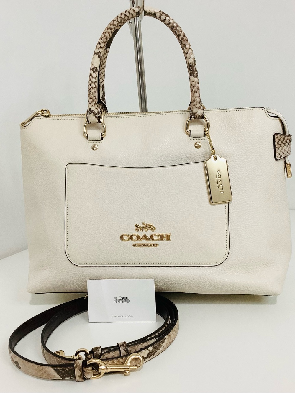 Coach Emma Ivory Leather Satchel with Snakeskin-Trim Handles and Strap, NWOT